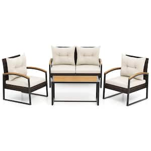 Elegance Series 4-Piece Wicker Patio Conversation Set with Off White Cushions