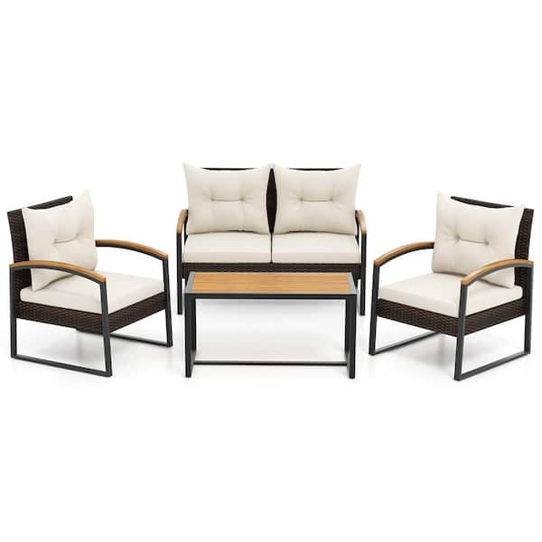 Costway Elegance Series 4-Piece Wicker Patio Conversation Set with Off White Cushions