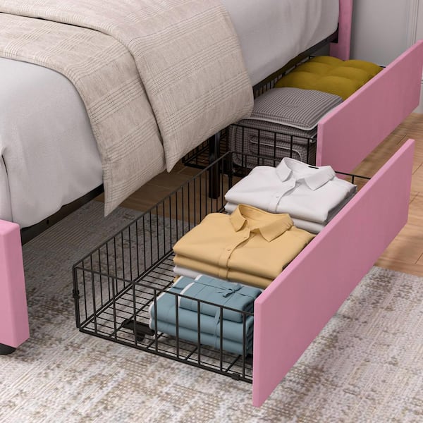 VECELO Velvet Storage Pink Metal Frame Queen Platform Bed