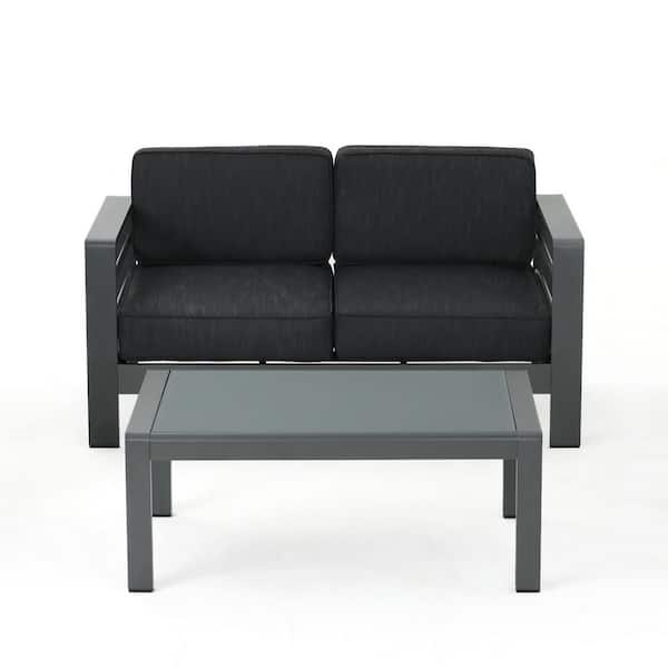 Cape Coral Grey 2-Piece Aluminum Patio Conversation Set with Dark Gray Cushions