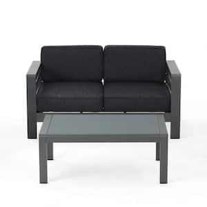 Cape Coral Grey 2-Piece Aluminum Patio Conversation Set with Dark Gray Cushions