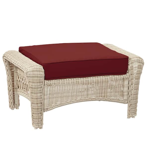 Hampton Bay Park Meadows Off-White Wicker Outdoor Patio Ottoman with CushionGuard Chili Red Cushion