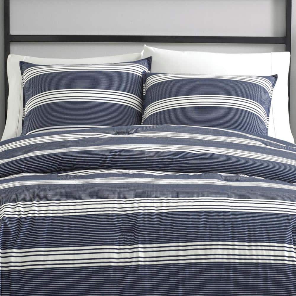 Navy and White Striped Cotton King Duvet Cover Set