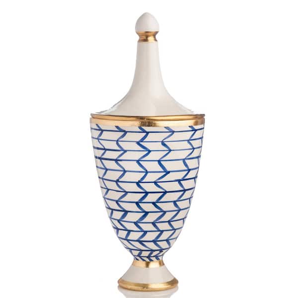 Abigails Contempo Blue/White Ceramic Glazed Covered Urn