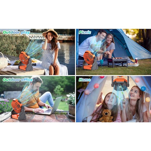Adrinfly - Camping Fan 10400mAh Portable USB Powered 7 in. 1 fan speeds Desk Fan in Orange with LED Lantern for Camping w/Hook