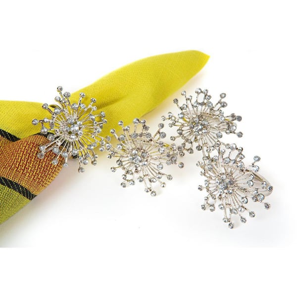 2 in. x 1.5 in. Snowflake Holiday Elegant Silver Jeweled Metal Napkin Rings (Set of 4)