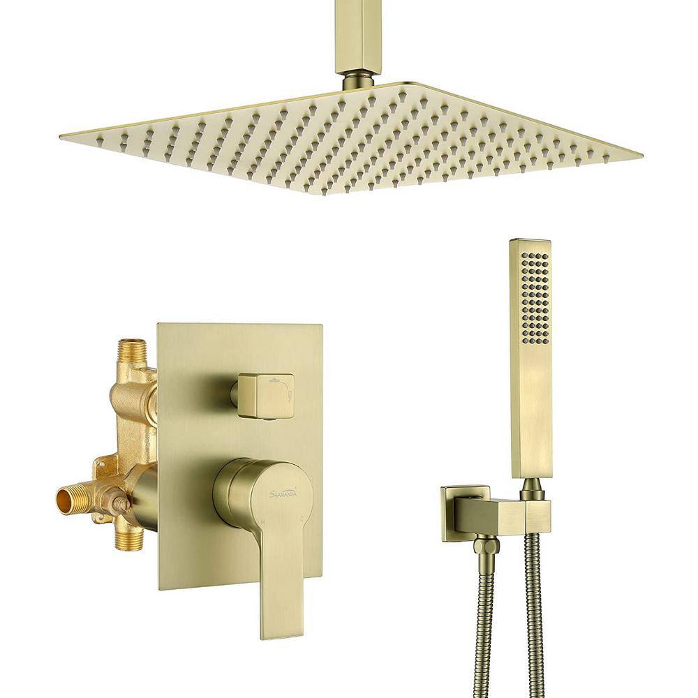 Pomelo 1-Spray Patterns with 12 in. Ceiling Mount Dual Shower Heads with Rough-in Valve Body and Trim in Brushed Gold price history on PriceWatchPro