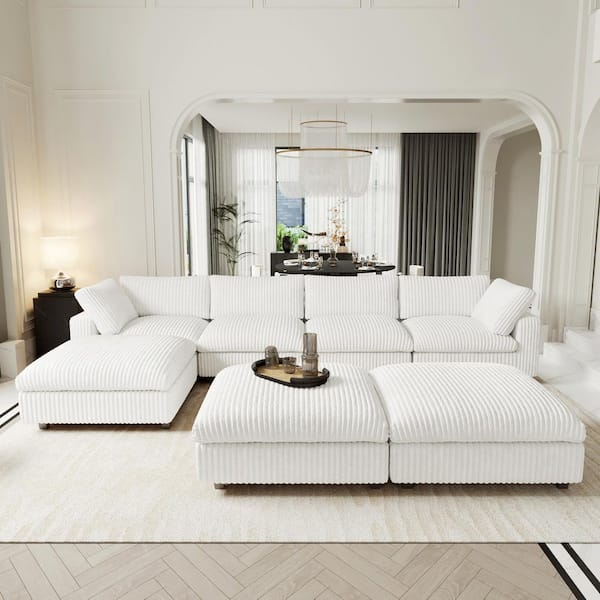 Magic Home 157 in. Square Arm Soft Faux Rabbit Fur Velvet 7-Piece Sofa Bed Modern Comfy Cloud Modular Sectional Sofa Couch in Beige