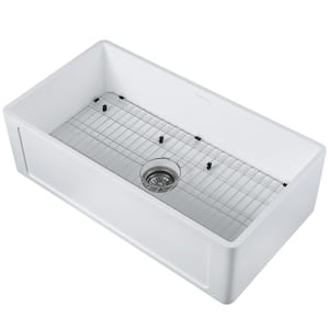 Holbrook Pure Stone 33 in. Single Bowl Farmhouse Kitchen Sink with Grid and Strainer in White