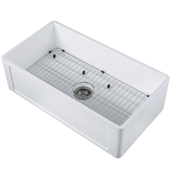 Ancona Holbrook Pure Stone 33 in. Single Bowl Farmhouse Kitchen Sink with Grid and Strainer in White