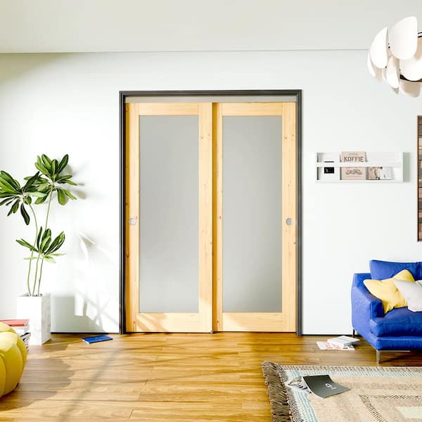 64 in. x 80 in. (Double 32 in.) Pine Wood No Bore, Full Lite, Frosted Glass, MDF Interior Door Slab with Bypass Hardware