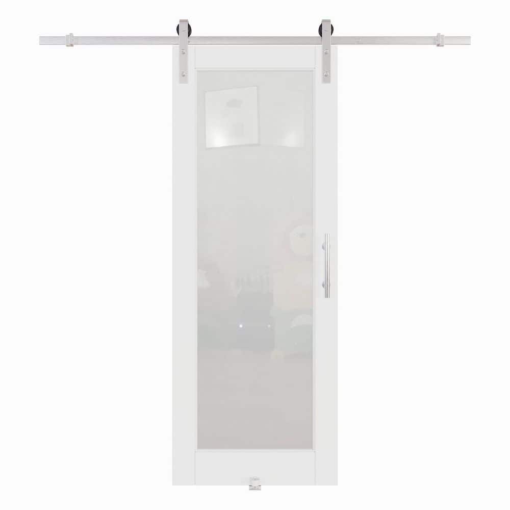 30 in. x 80 in. 1 Lite Frosted Glass White Primed MDF Brushed Nickel Sliding Barn Door with Hardware Kit and Handle price history on PriceWatchPro