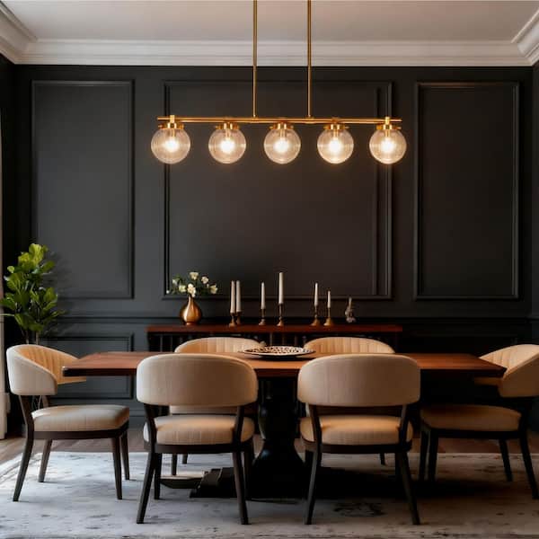 Lunary Modern Brass 5-Light Island Chandelier Linear Candlestick Hanging Ceiling Light with Globe-Crackle Glass Shades