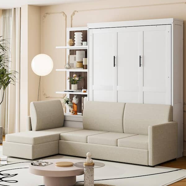 White Wood Frame Queen Size Murphy Bed Wall Bed with Sofa and Shelves