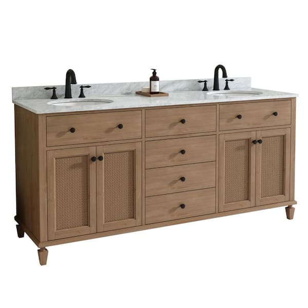 Sovienne 72 in. Double Freestanding Light Brown Bath Vanity with White Carrara Marble Top Assembled