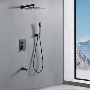 2-Spray Patterns with 1.8 GPM 12 in. Wall Mount Dual Shower Heads with Bath Tub Faucet in Matte Black (Valve Included)