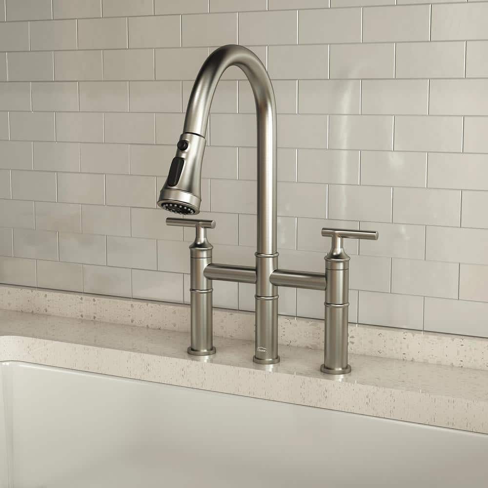 Brushed Nickel Double Handle Bridge Faucet with Pull-Down Sprayer