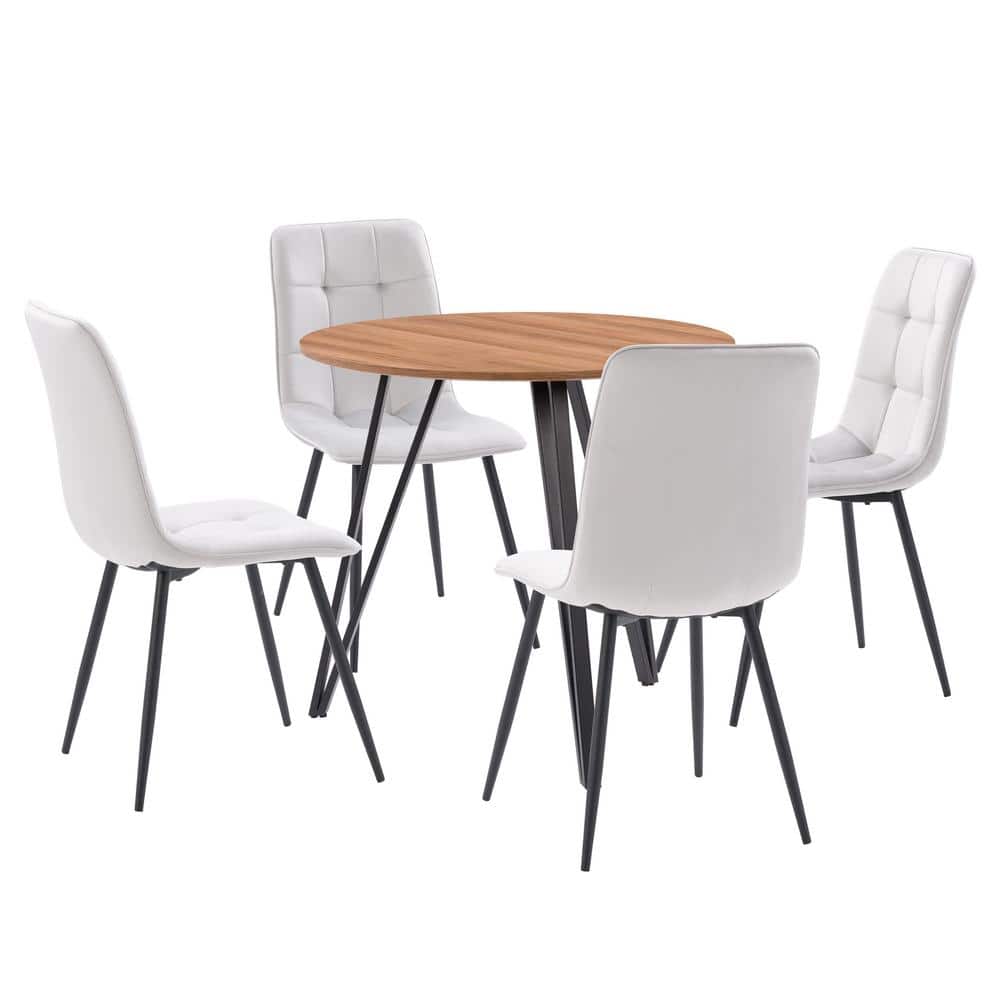 CORLIVING Lennox 5-Piece Round Wood Finish Top Dining Set with Light Gray Velvet Chairs, Grey/Brown -  DDW-304-Z2