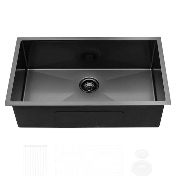 Loile 32 in. Undermount Single Bowl 16-Gauge Gunmetal Black Stainless Steel Kitchen Sink with Grid, Rack and Strainer