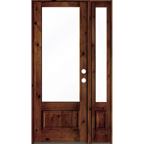 Krosswood Doors 50 in. x 96 in. Knotty Alder Left-Hand/Inswing 3/4 Lite Clear Glass Red Chestnut Stain Wood Prehung Front Door with RSL