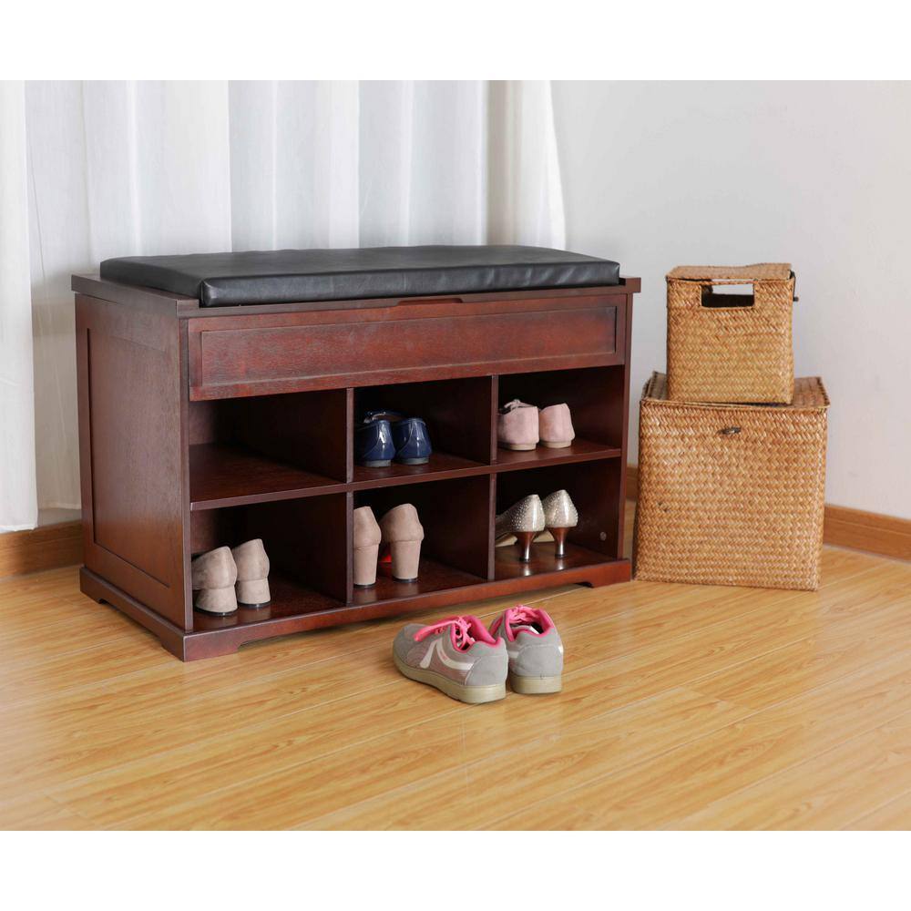 Mahogany Shoe Storage Bench with Black Cushion and Cubbies