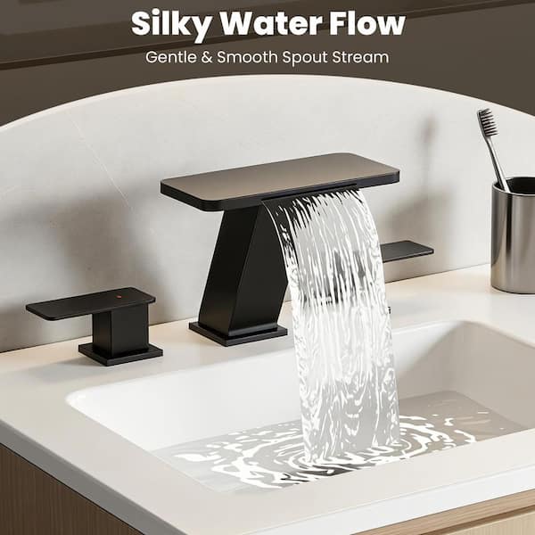 NOBLE 8 in. Waterfall Widespread Double-Handle Bathroom Faucet 3-Hole Bath Sink Faucet with Pop-up Drain in Matte Black