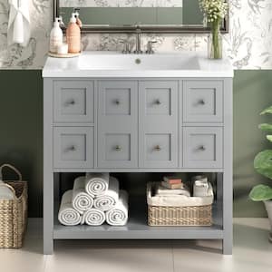 36 in. W x 18 in. D x 34 in. H Single Sink Freestanding Solid Wood Frame Bath Vanity in Gray with White Resin Top