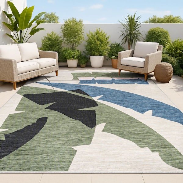 Shelby Coastal Vintage Abstract Palm Leaf Navy/Cream 8 ft. x 10 ft. Indoor/Outdoor Area Rug