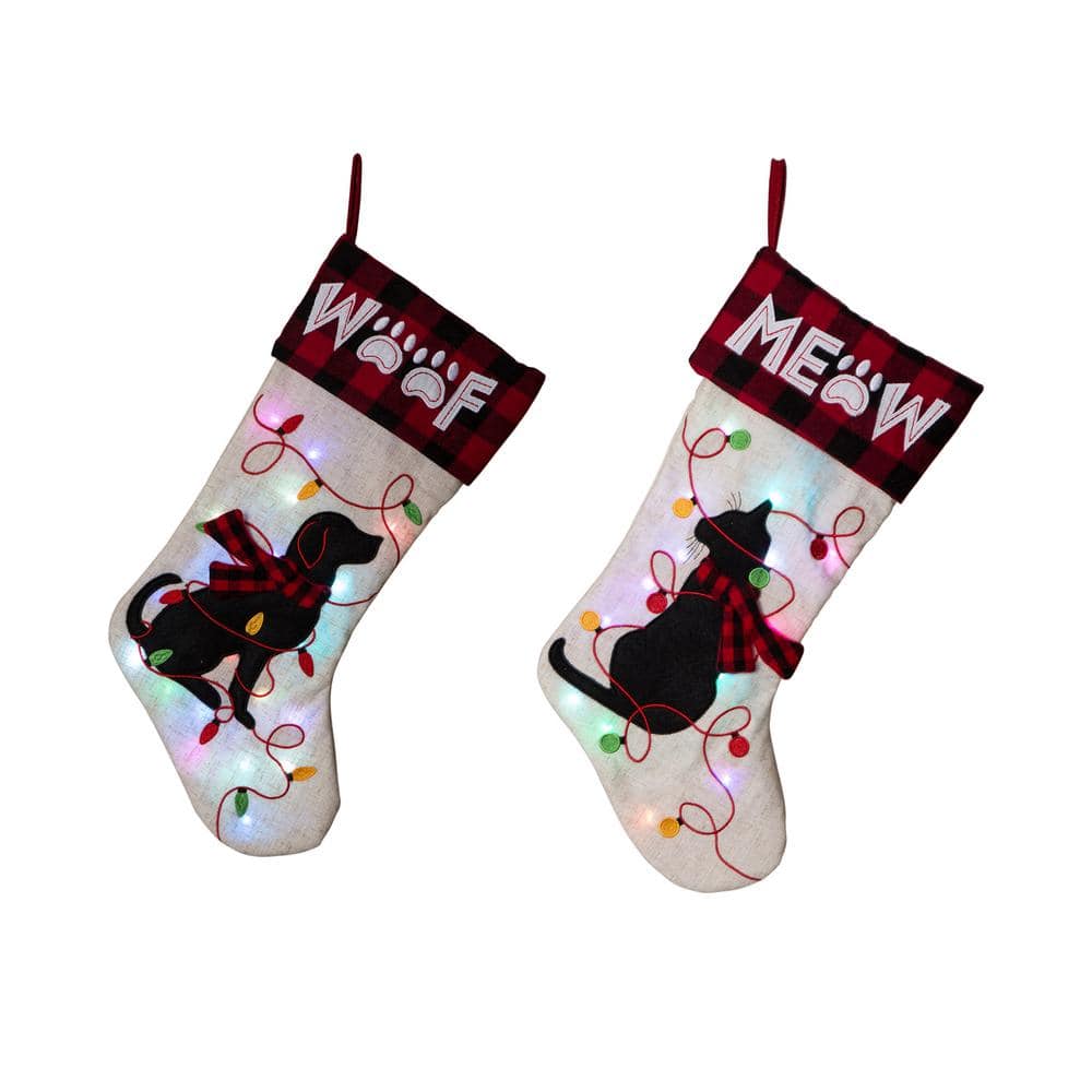 Glitzhome 21 in. Polyester LED Embroidered Linen Dog and Cat Christmas  Stocking (2-Pack) 2004700022 - The Home Depot