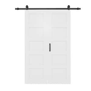 48 in. x 80 in. Paneled 5 Lite White Primed MDF Bifold Sliding Barn Door with Hardware Kit