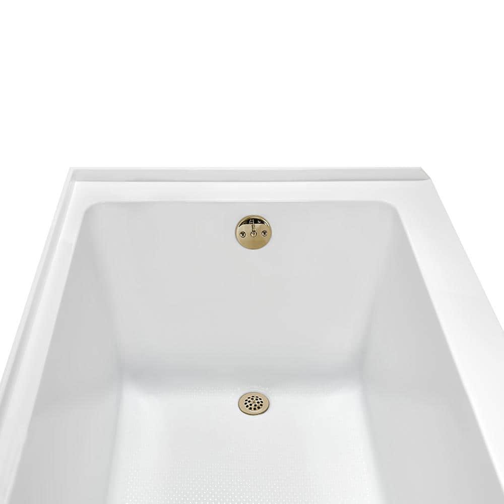 60-Inch Glossy White Acrylic Alcove Bathtub with Polished Brass Drain