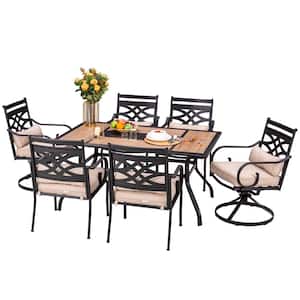 7-Piece Metal Outdoor Dining Set with Beige Cushions Swivel Rockers and Wood-Look Dining Table
