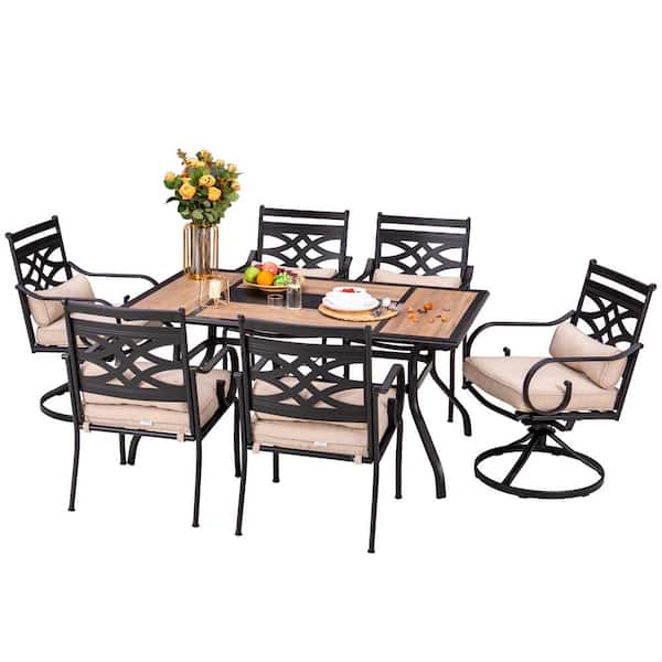 PHI VILLA 7-Piece Metal Outdoor Dining Set with Beige Cushions Swivel Rockers and Wood-Look Dining Table
