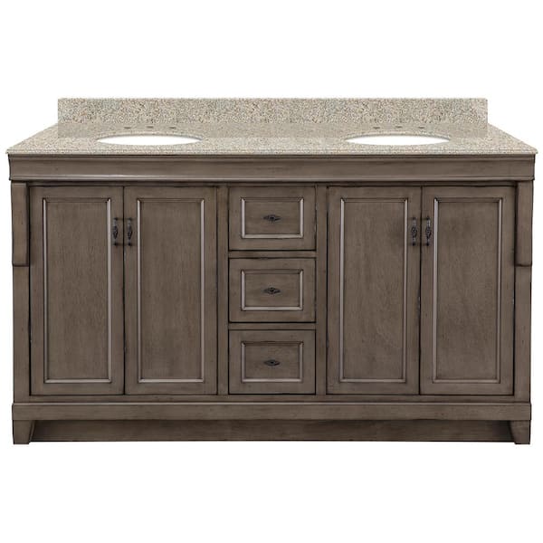 Home Decorators Collection Naples 61 in. x 22 in. D Bath Vanity in Distressed Grey with Granite Vanity Top in Beige with Oval White Basin