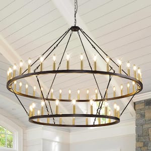 60 in. 54-light 2 Tier Black and Gold Extra Large Farmhouse Wagon Wheel Loft Retro Round Chandelier for Foyer Cafe Bar