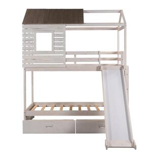 Angel White Twin Over Twin Bunk Bed with Two Storage Drawers and Slide