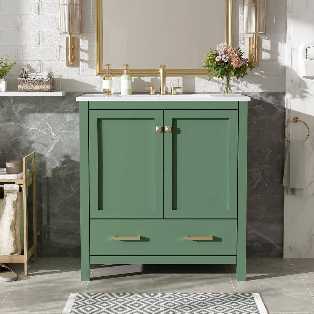 30 in. W x 18 in. D x 34 in. H Single Sink Freestanding Bath Vanity in Greenwith White Ceramic Top, 2 Doors and a Drawer price history on PriceWatchPro