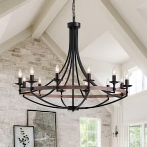 12 - Light Black Candle Style Dimmable Wagon Wheel Chandelier for Dining Room and Living Room