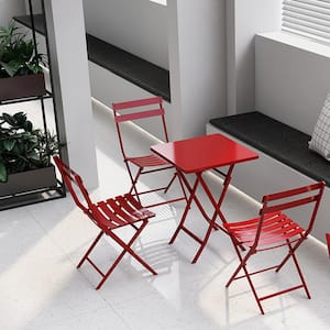 3-Pieces Patio Metal Outdoor Bistro Set of Foldable Square Table and Chairs in Red