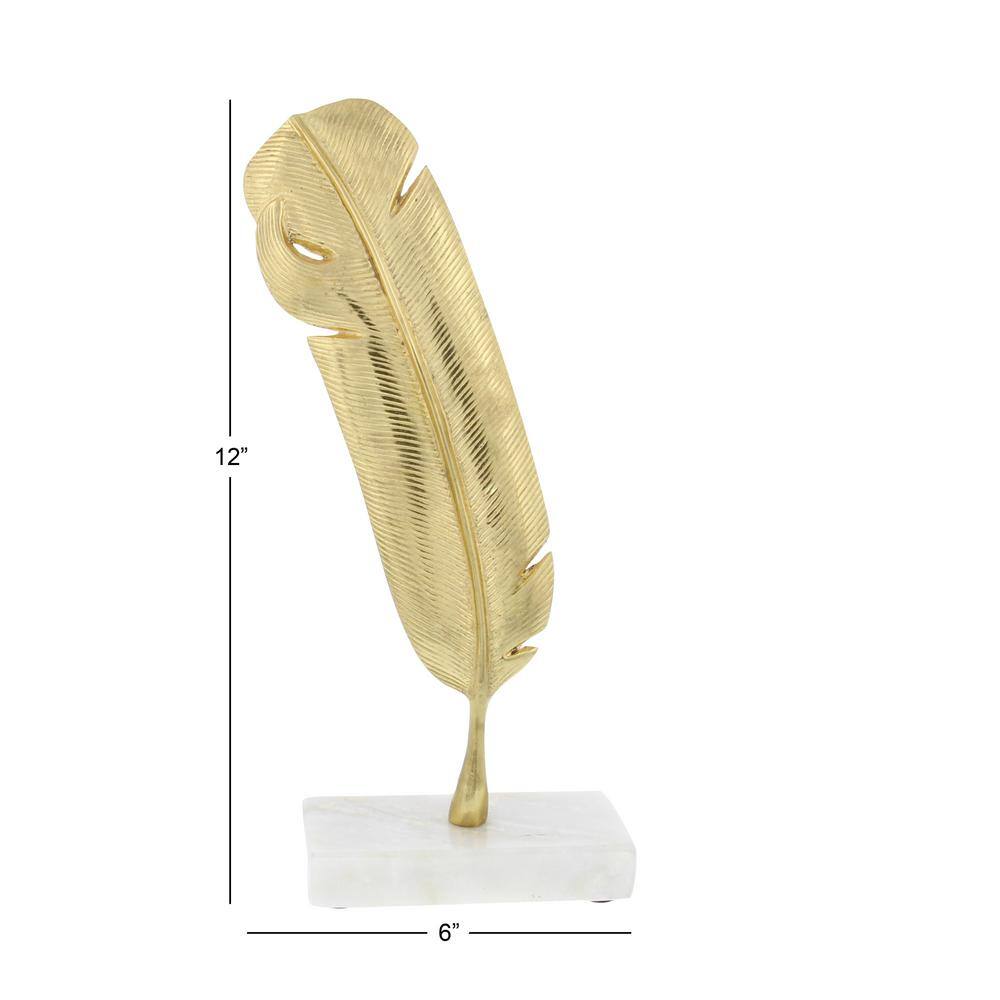 Gold Metallic Bird Feather Sculpture with Marble Base, 12" Height