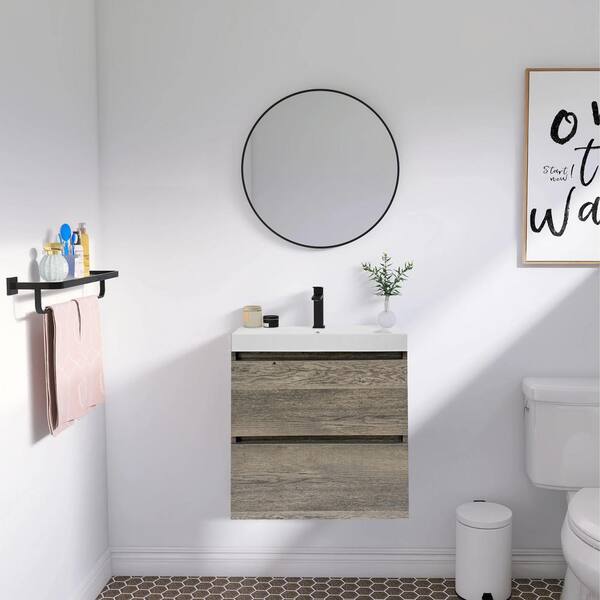 ANGELES HOME 24 in. W x 18 in. D x 23 in. H Wall-Mounted Bath Vanity in Wax Oak with White Ceramic Top