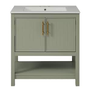 30 in. W Single Sink Freestanding Bath Vanity in Green with White Ceramic Top, Open Shelf and 2 Doors