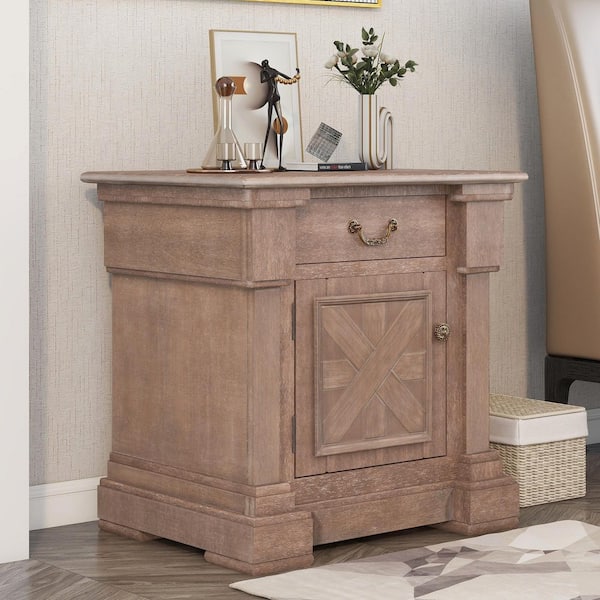 GODEER 1-Drawer Brown Nightstand with Cabinet, USB Charging Ports (27.6 in. H x 25.6 in. W x 18.1 in. D)
