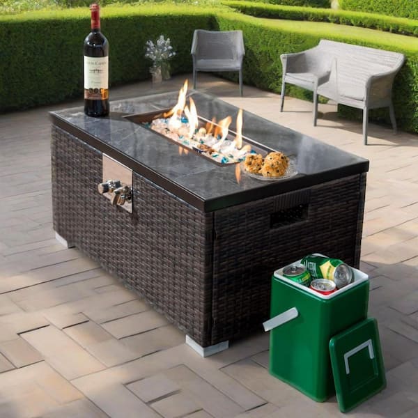 AUTMOON 32 in. Propane Fire Pits Table with Blue Glass Ball, 50,000 BTU Outdoor Wicker Fire Table with ETL-Certified