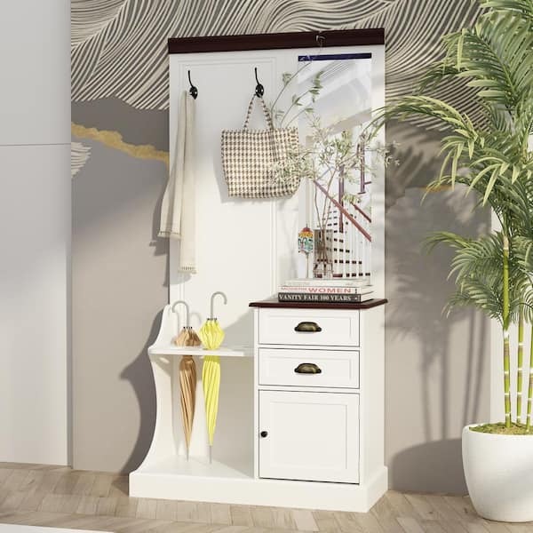 FUFU&GAGA 69.9 in. H White Wood 4-in-1 Freestanding Coat Rack Shoe Storage with Umbrella Holder, 2 Double Hooks, Mirror, Drawers