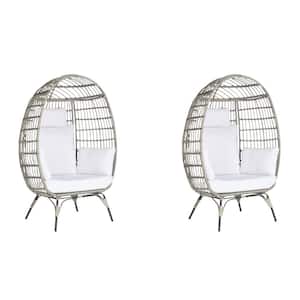 Oversized Outdoor Gray RatTan Egg Chair Patio Chaise Lounge Indoor Basket Chair with White Cushion (2-Pieces)
