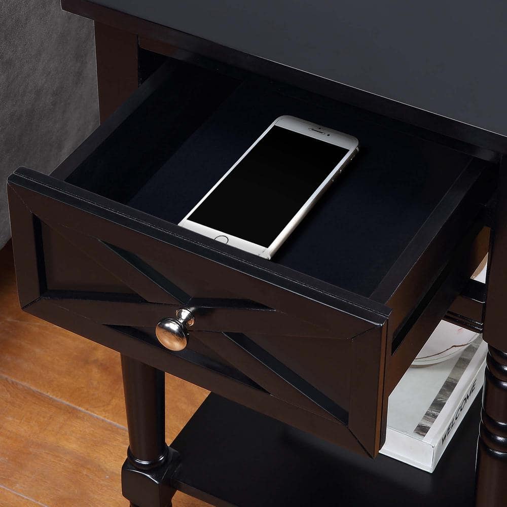 Black Wood End Table with Charging Station and Storage