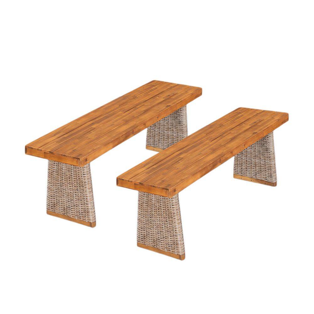 Teak Finish and Brown Wicker Outdoor Acacia Wood Bench Set of 2 price history on PriceWatchPro