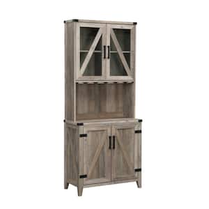 Home Source Grey Wash Bar Cabinet with Upper Glass Cabinet