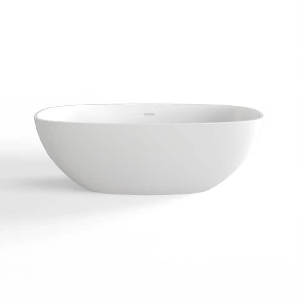 66.9 in. x 29.5 in. Solid Surface Egg Shape Freestanding Soaking Bathtub with Center Drain in Matte White